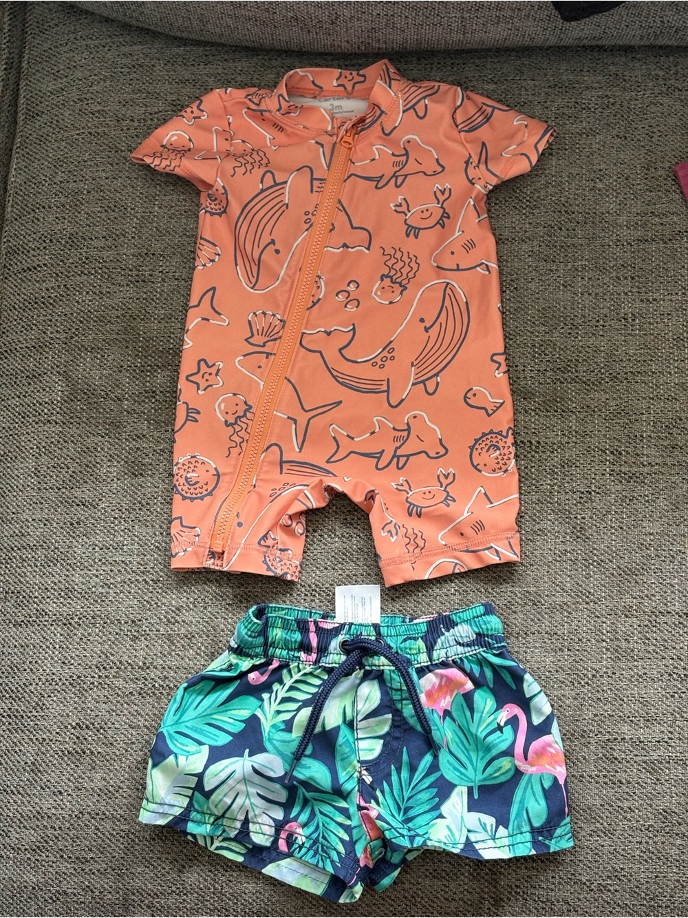 Carter's Navy Tropical Leaf Swim Shorts with Pink Accents